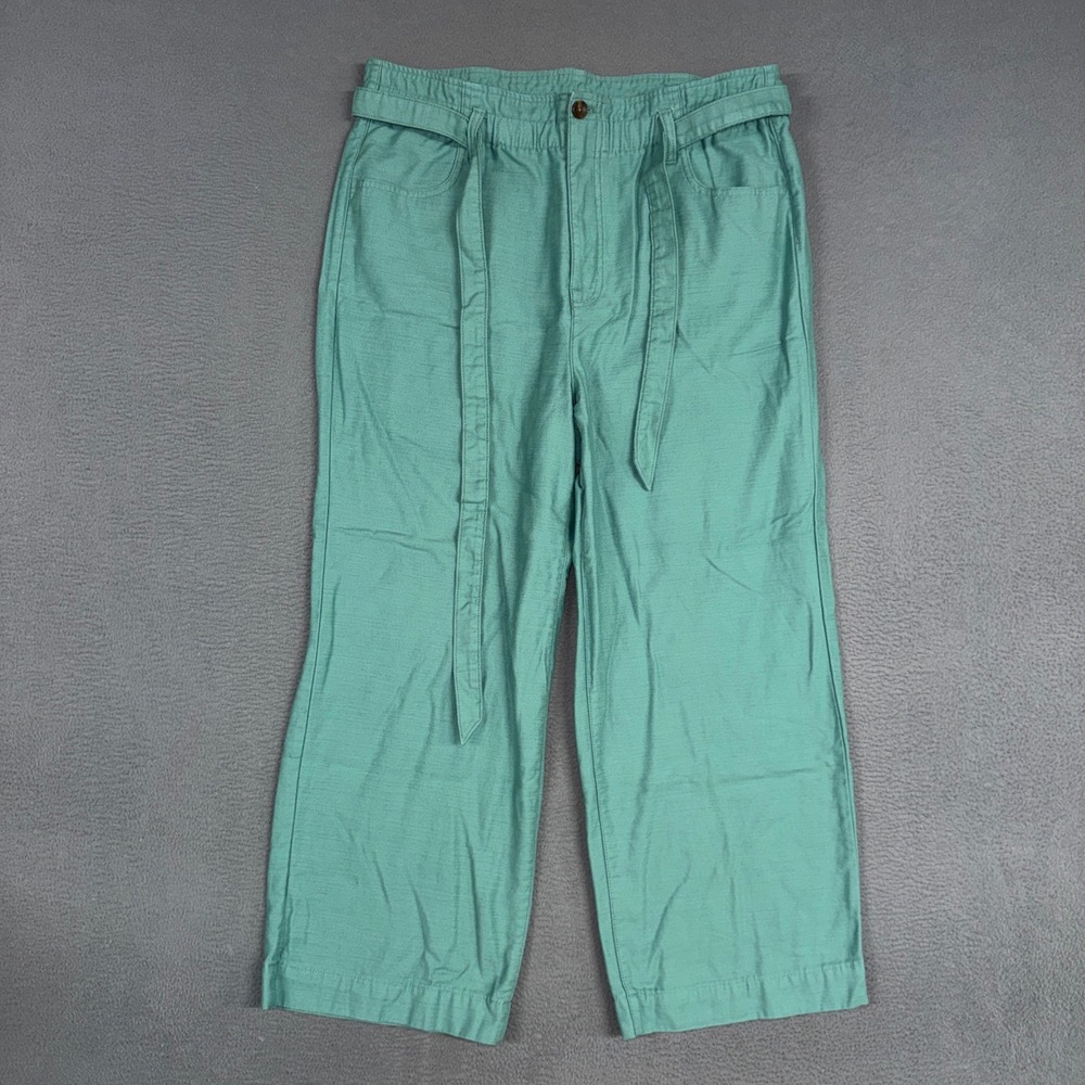 J.Crew Pants Womens 14 Green Wide Leg Tie Waist Cotton Cropped Belted Casual